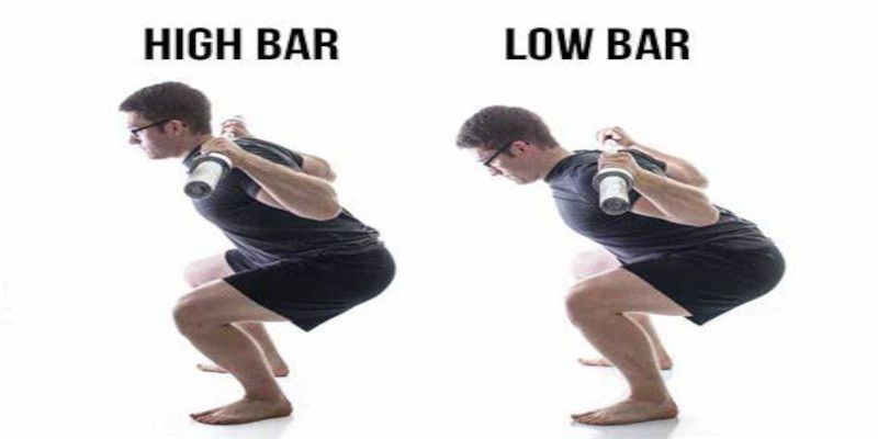 Comparison of a man performing a high bar vs a low bar squat.