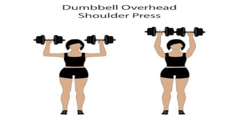 Illustration of a woman performing a dumbbell overhead shoulder press.