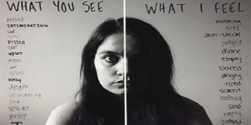 Picture showing a woman with depression. On the left what you see and on the right what she feels.