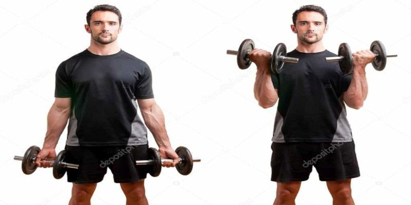 Picture of a man performing a dumbbell biceps curl on a green background.