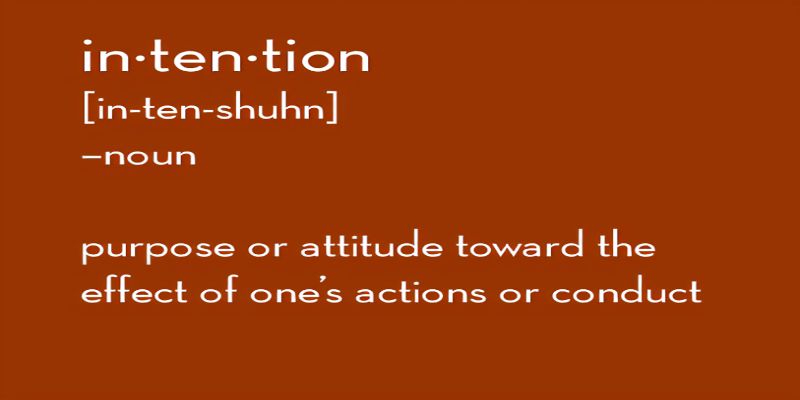 The meaning of intention, “purpose or attitude toward the effect of one's actions or conduct”, written on an orange background.