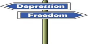 A street sign indicating two opposite directions: left for depression and right for the freedom. Background is white.