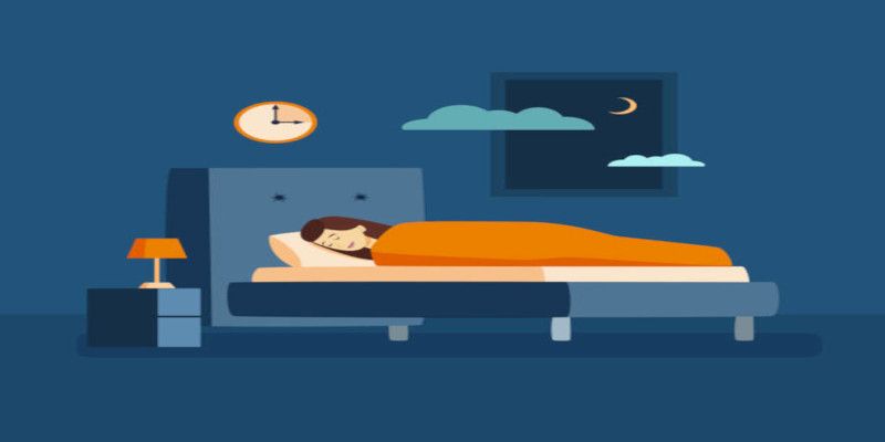 Illustration of a woman sleeping at night in a bed.