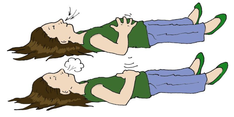 Illustration of a woman performing deep breathing exercises when lying down on her back on the ground.