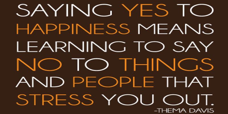 The quote, “saying yes to happiness means learning to say no to things and people that stress you out” written on a brown background.