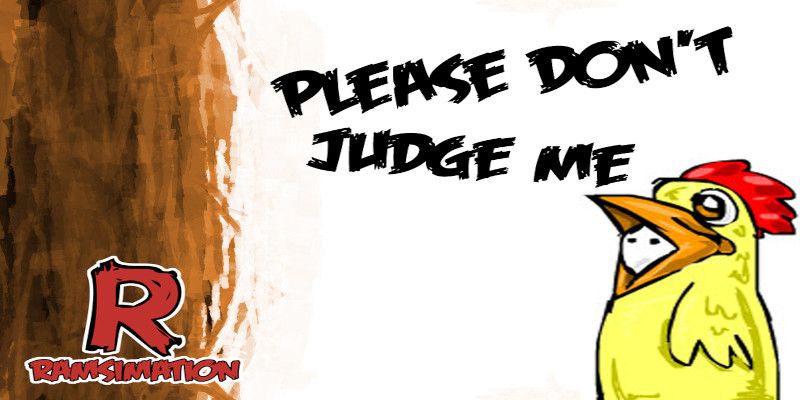 Illustration of a chicken with the words, “please don't judge me” written.