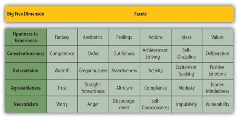 Image of the big 5 personality traits: conscientiousness, extraversion, openness, agreeableness, and neuroticism, and the symptoms of them.