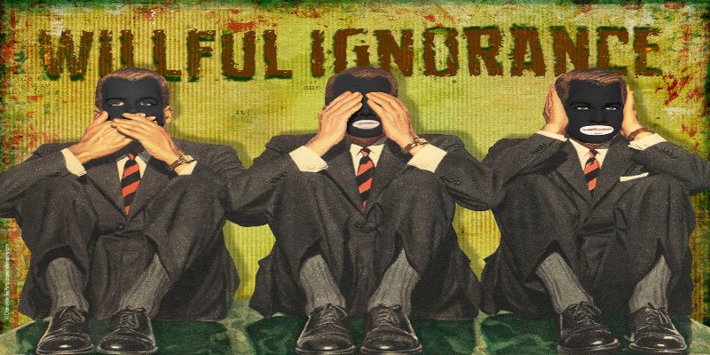 Image of three men sitting against a wall with a mask. The first one is covering his mouth, the middle one is covering his eyes, and the last one is covering his ears, depicting willful ignorance.