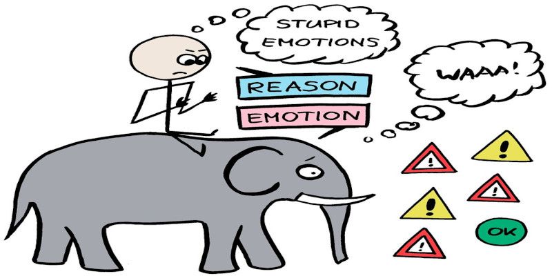 Illustration of a man thinking rationally, and an elephant thinking with emotions.