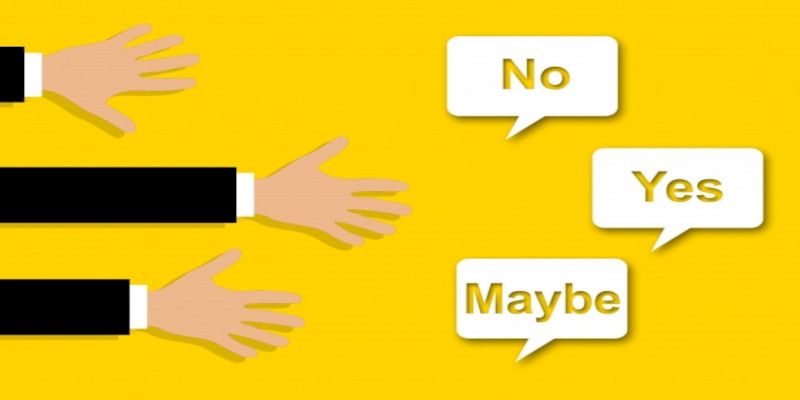 Illustration with three hands, each depicting a choice. The choices being “no”, “yes”, and “maybe”.