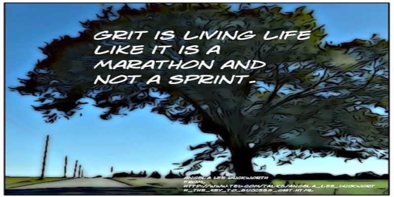 The quote, “grit is living life like it is a marathon and not a sprint” written on a blue background with a tree.