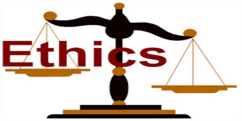Illustration of a weighing scale with the word “ethics” on one plate.