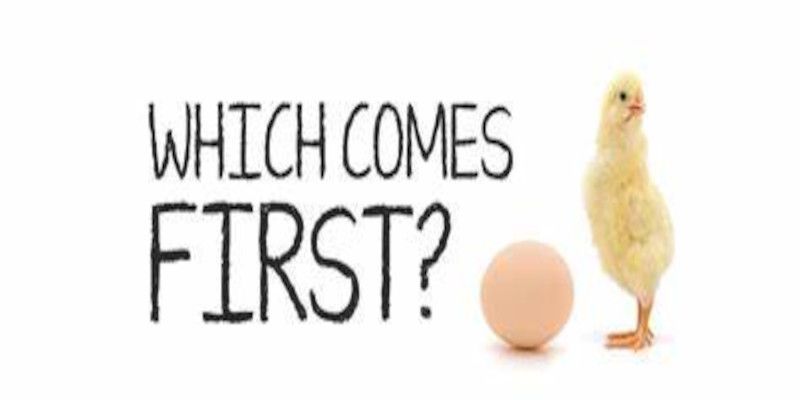 Image of a chick and an egg with the sentence, “which comes first” written beside it.