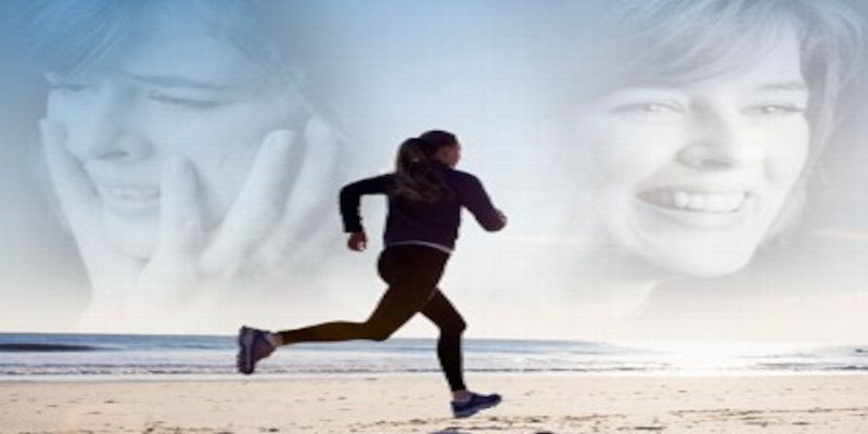 Image of a woman running on the beach with a sad face to her left, and a happy face to her right.