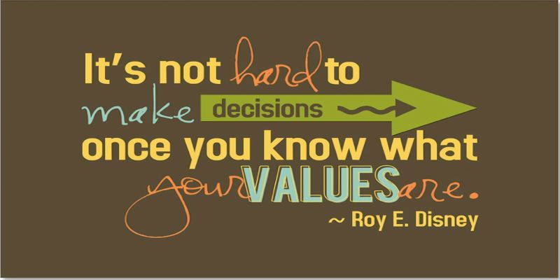 The quote, “it's not hard to make decisions once you know what your values are” by Roy E. Disney.