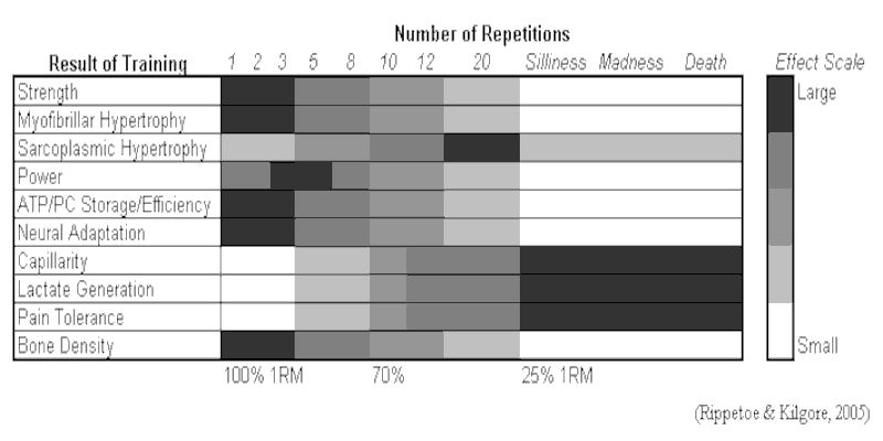 The number of reps and the training results they produce according to Rippetoe and Kilgore.