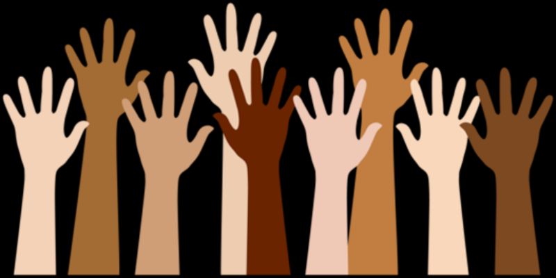 Illustration of multiple people of different skin color raising their hands signaling that they're equal.