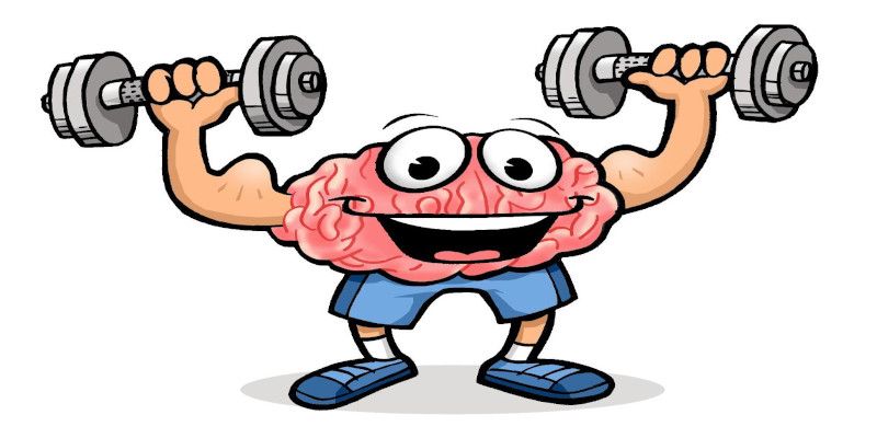Illustration of a brain with arms and legs lifting weights while smiling, indicating that working out makes the brain feel, and work better.