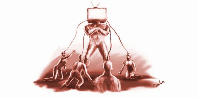 Illustration of a man standing up with a television as his head influencing the people he's connected to via cable.