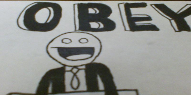 Illustration of a politician smiling with the word “obey” written in black letters above him.